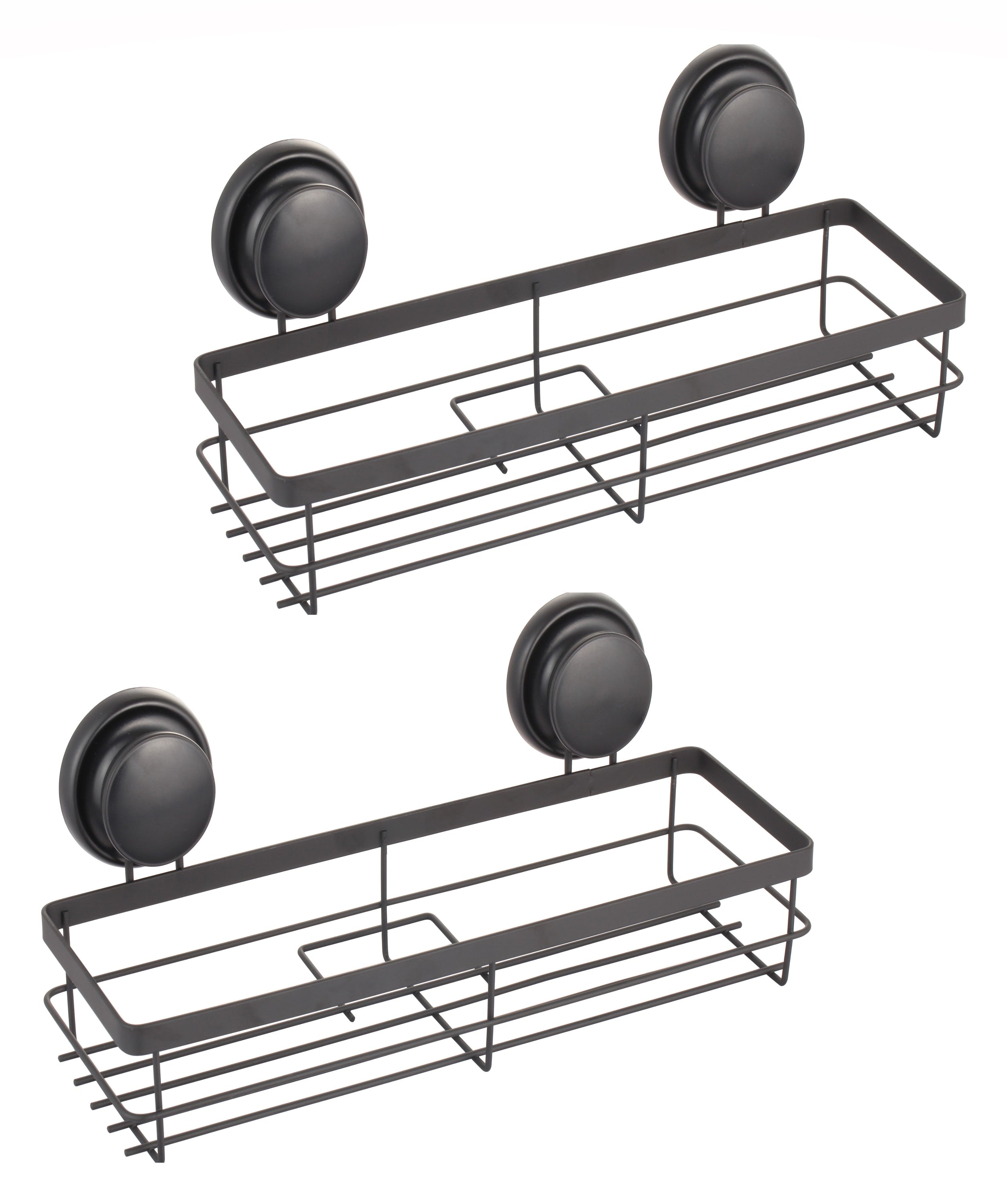 Two rectangular corner shower caddy shelves made of stainless steel and bamboo, featuring a sleek design and premium suction cups for easy installation.