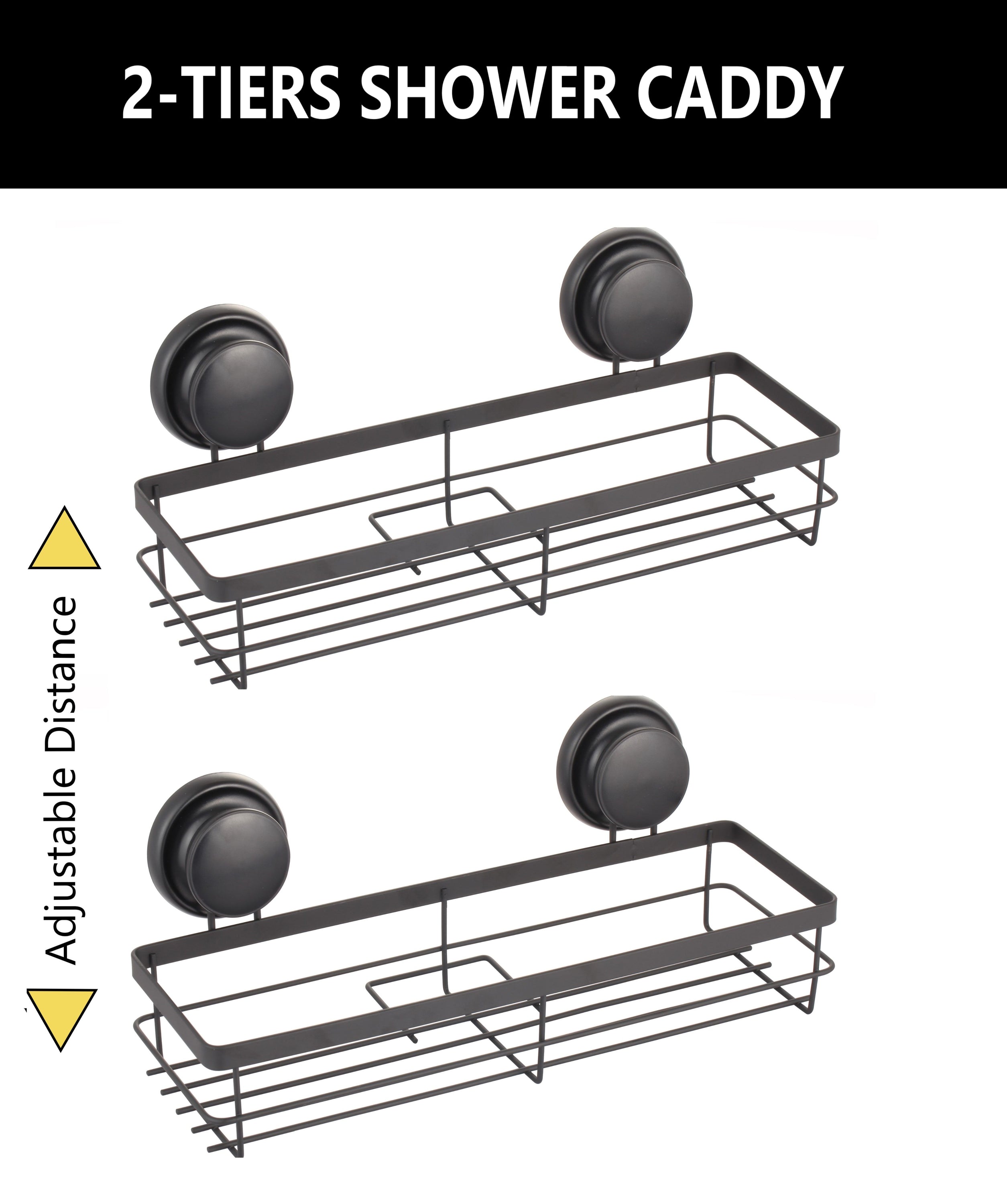 Two rectangular corner shower caddy shelves made of stainless steel and bamboo, featuring a sleek design and premium suction cups for easy installation.