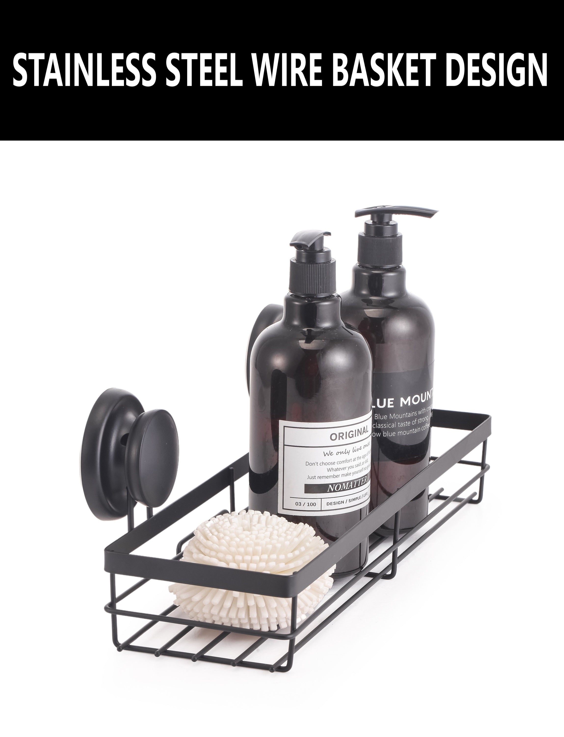 Two rectangular corner shower caddy shelves made of stainless steel and bamboo, featuring a sleek design and premium suction cups for easy installation.