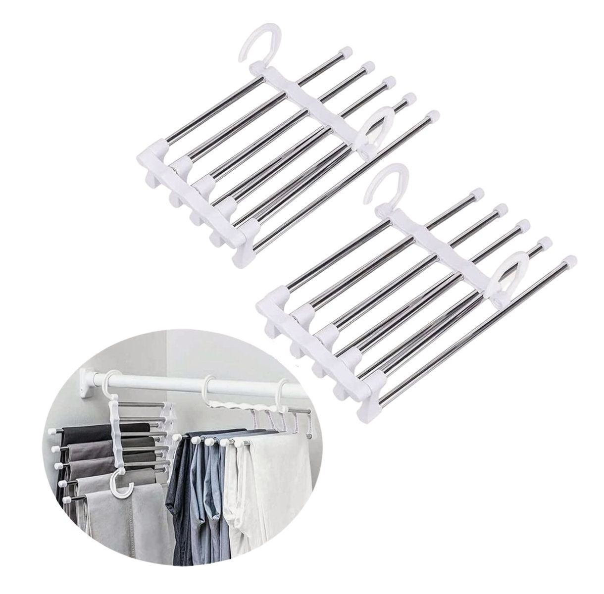 Two stainless steel adjustable pants hangers designed for space-saving storage, holding multiple trousers and accessories neatly organized.