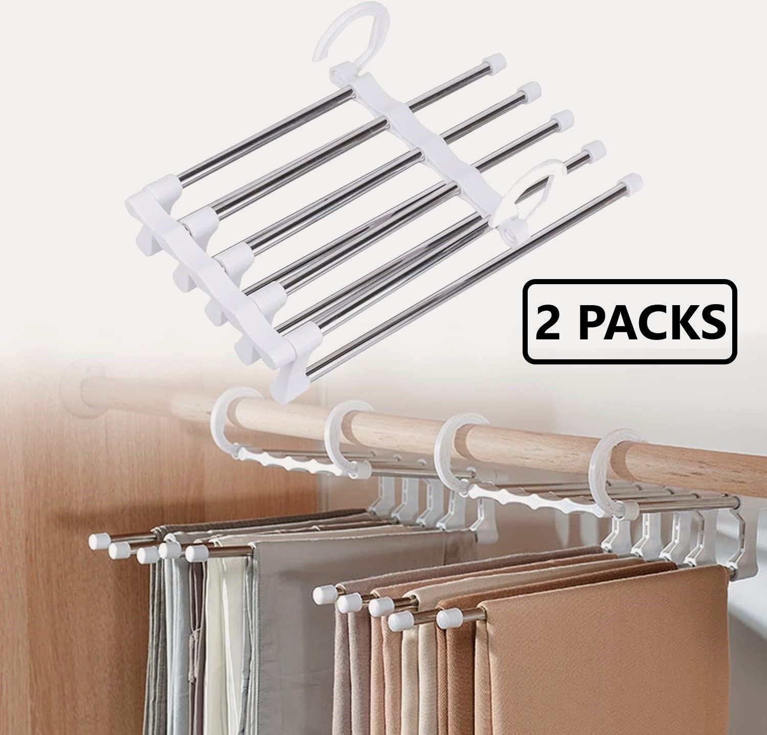 Two stainless steel adjustable pants hangers designed for space-saving storage, holding multiple trousers and accessories neatly organized.