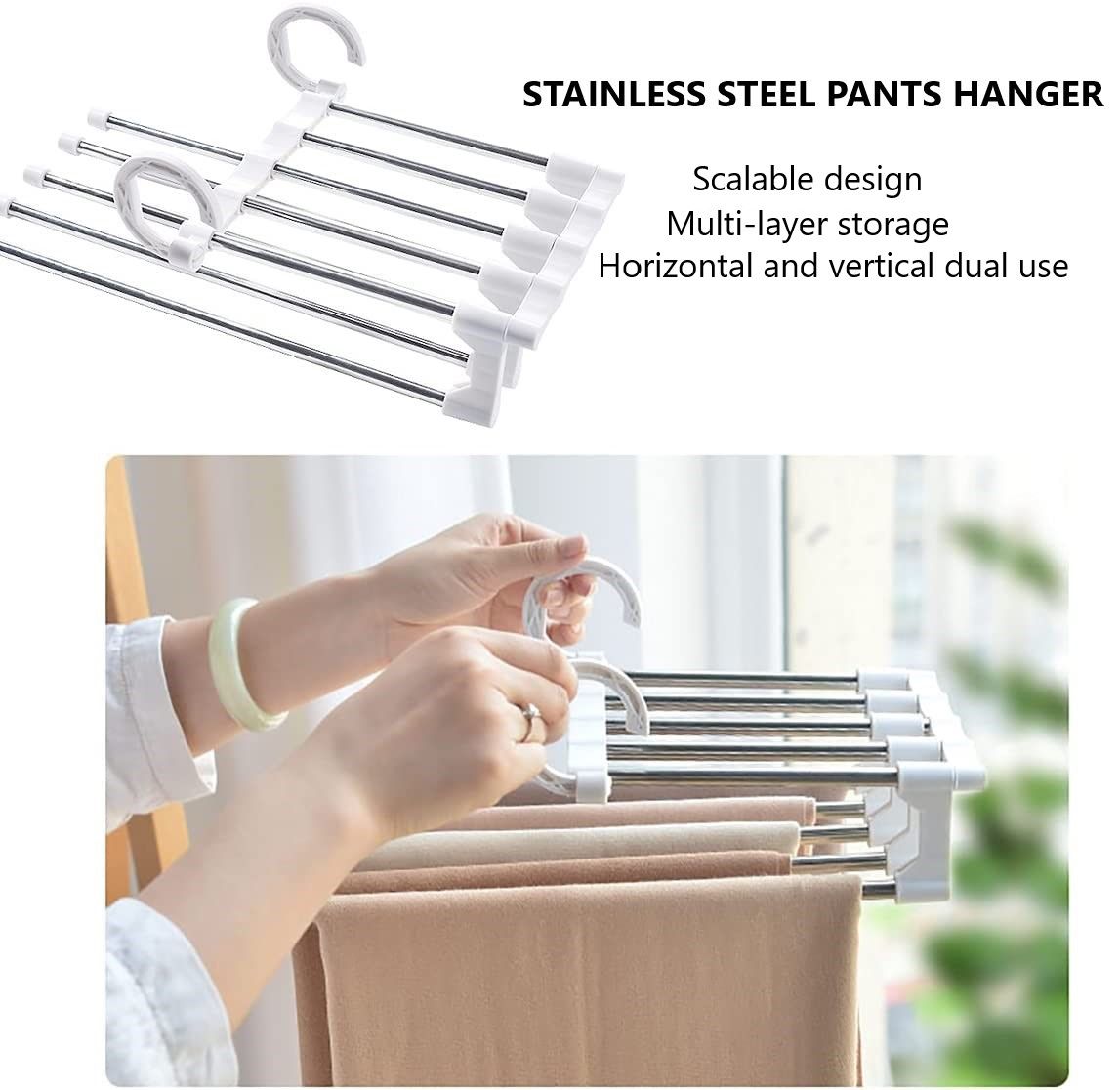 Two stainless steel adjustable pants hangers designed for space-saving storage, holding multiple trousers and accessories neatly organized.