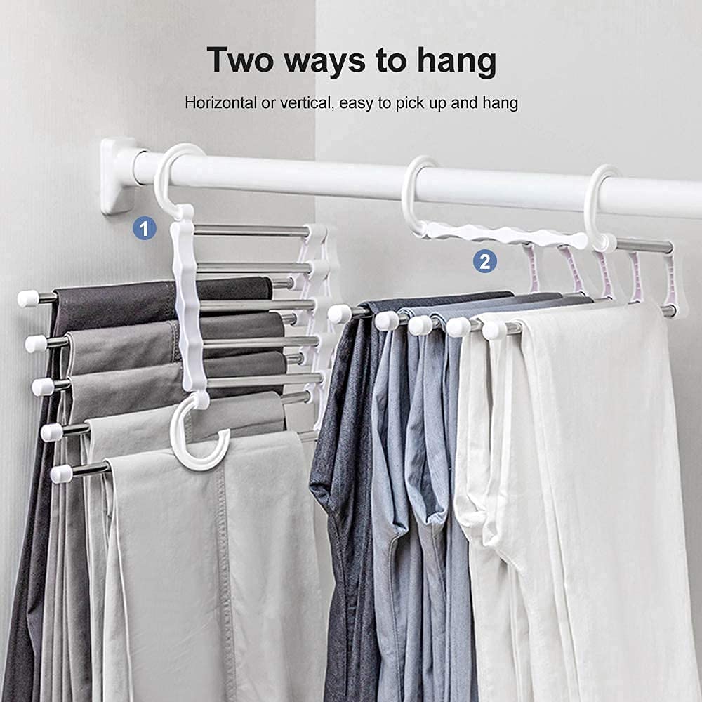 Two stainless steel adjustable pants hangers designed for space-saving storage, holding multiple trousers and accessories neatly organized.