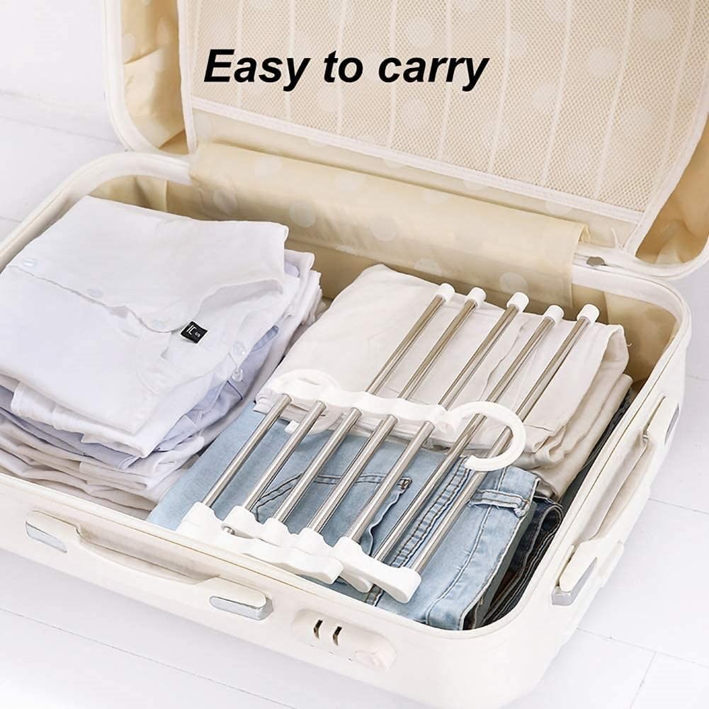 Two stainless steel adjustable pants hangers designed for space-saving storage, holding multiple trousers and accessories neatly organized.