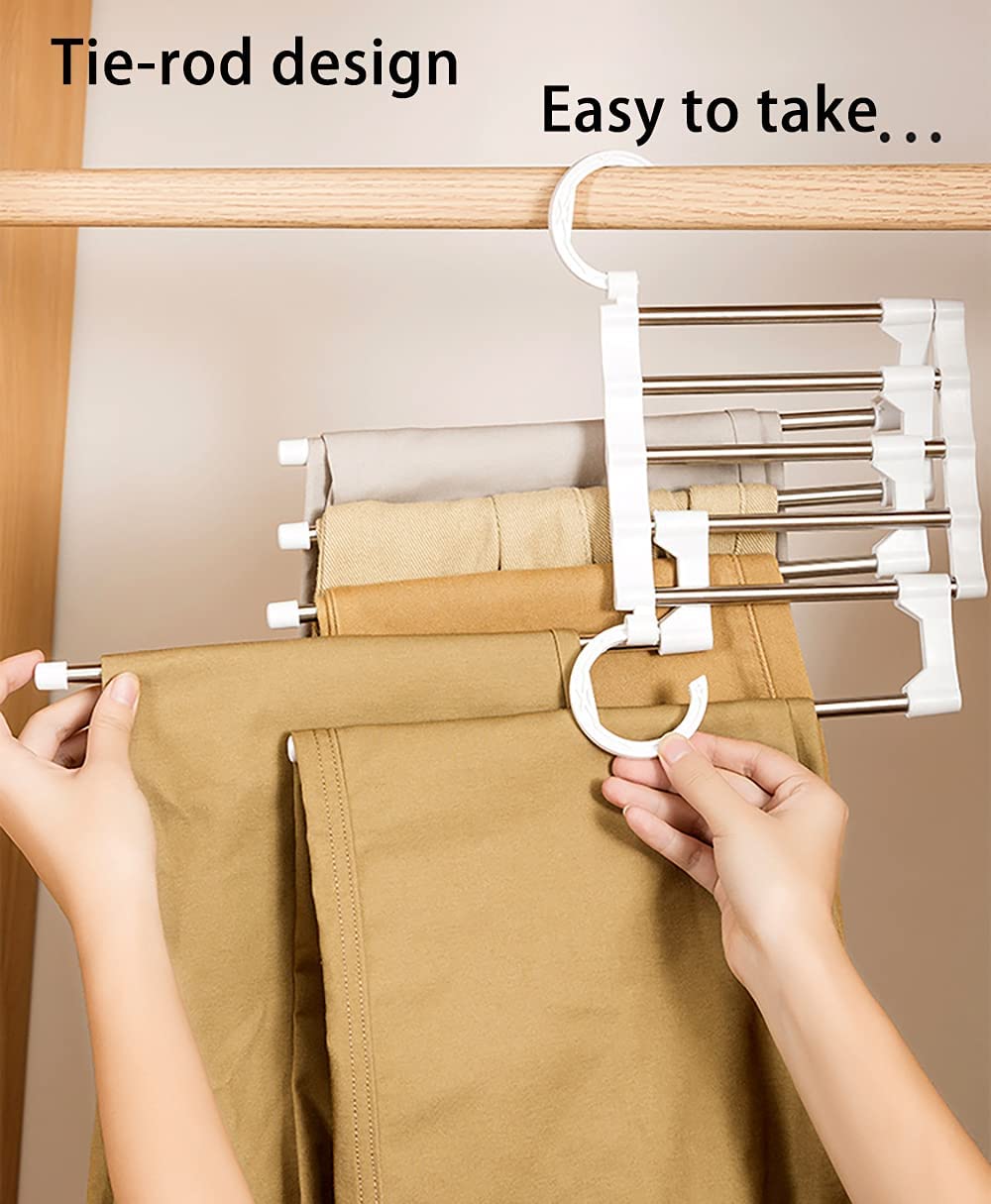 Two stainless steel adjustable pants hangers designed for space-saving storage, holding multiple trousers and accessories neatly organized.