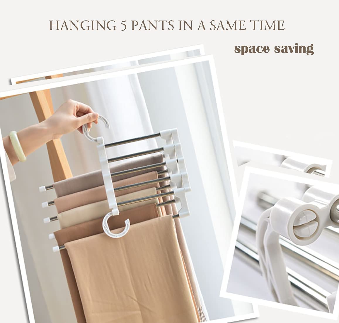 Two stainless steel adjustable pants hangers designed for space-saving storage, holding multiple trousers and accessories neatly organized.