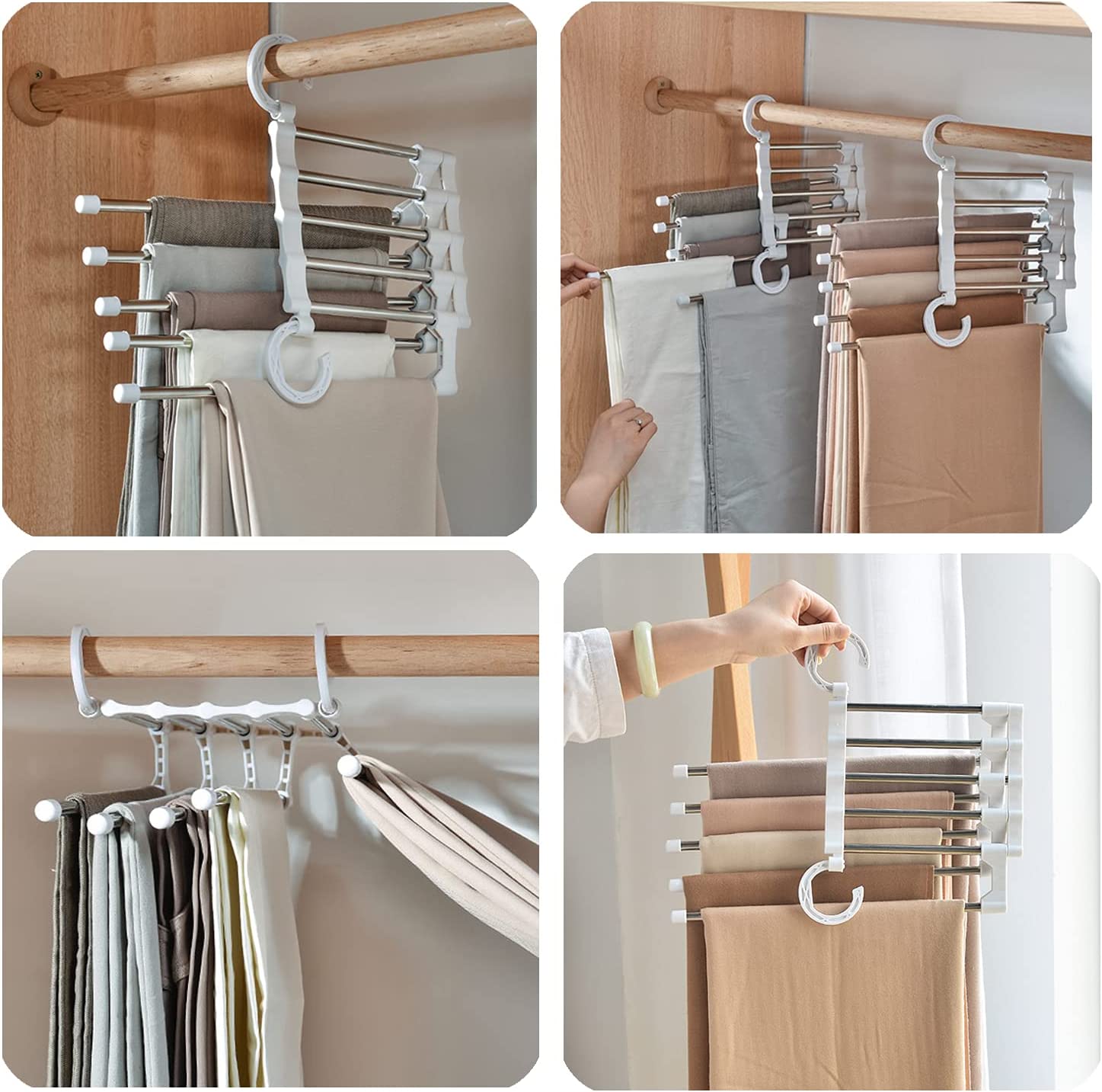 Two stainless steel adjustable pants hangers designed for space-saving storage, holding multiple trousers and accessories neatly organized.