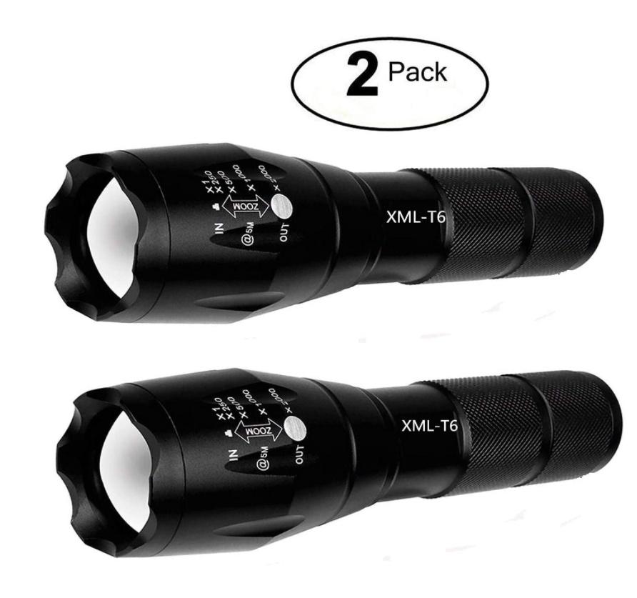 Two tactical flashlights with adjustable focus and five modes, showcasing their military-grade design and portability.