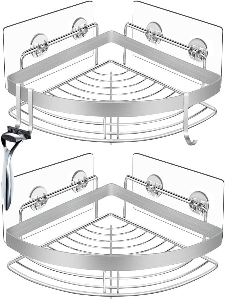 Two wall-mounted stainless steel shelves with hooks, ideal for bathroom and kitchen storage, showcasing a sleek and modern design.