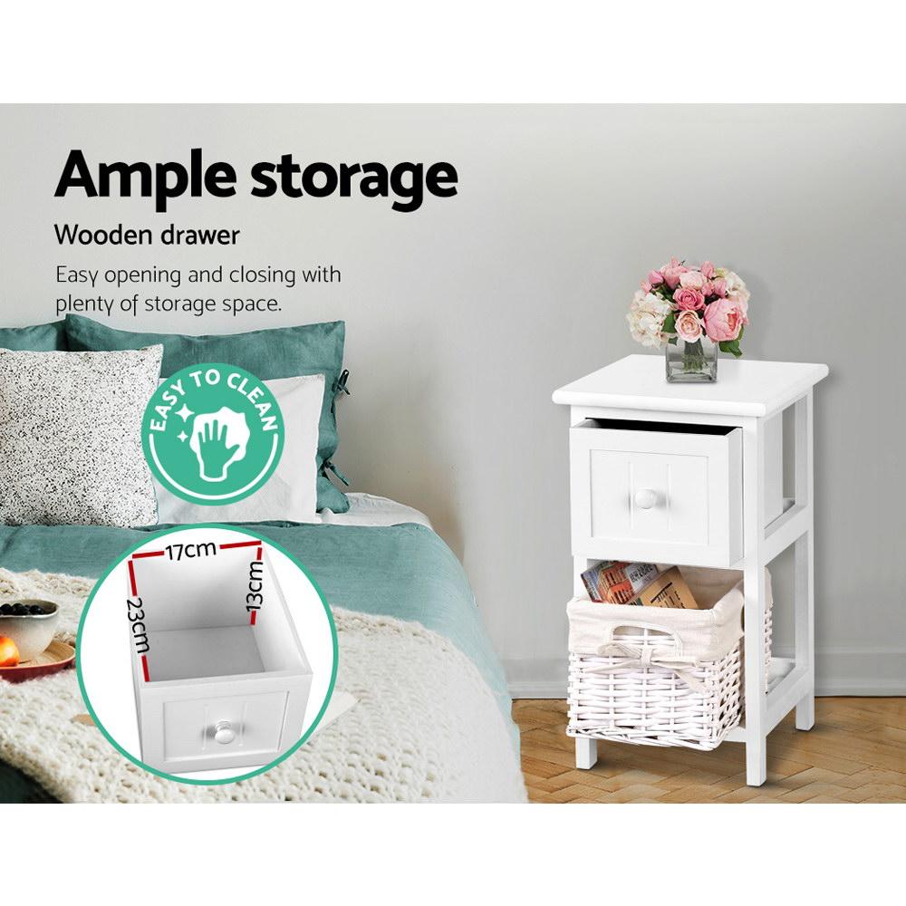 Two white Artiss bedside tables featuring wicker baskets and smooth drawers, showcasing rustic charm and practical storage.