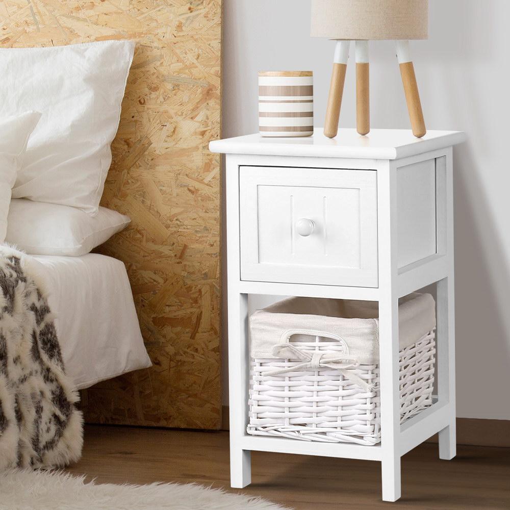 Two white Artiss bedside tables featuring wicker baskets and smooth drawers, showcasing rustic charm and practical storage.