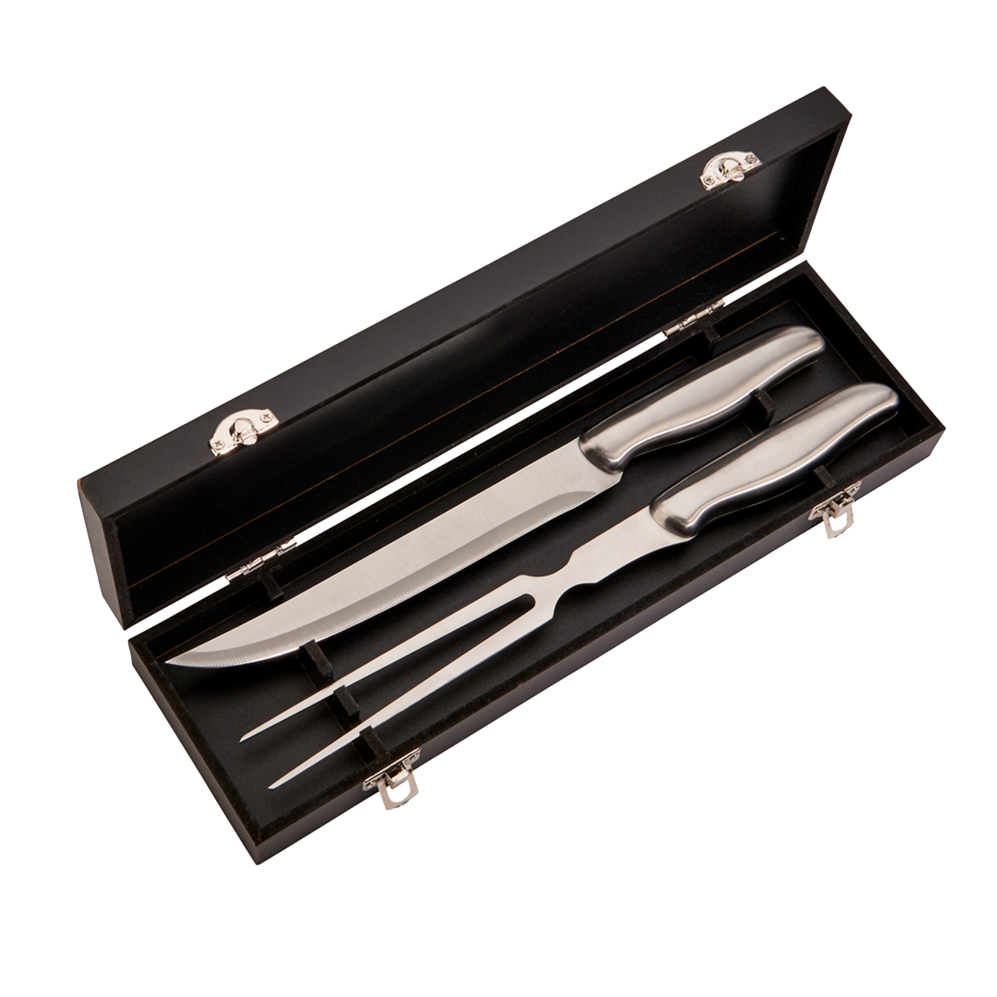 A 2 Piece Stainless Steel Carving Set featuring a knife and fork with smooth handles, presented in a black gift box with silver accents.