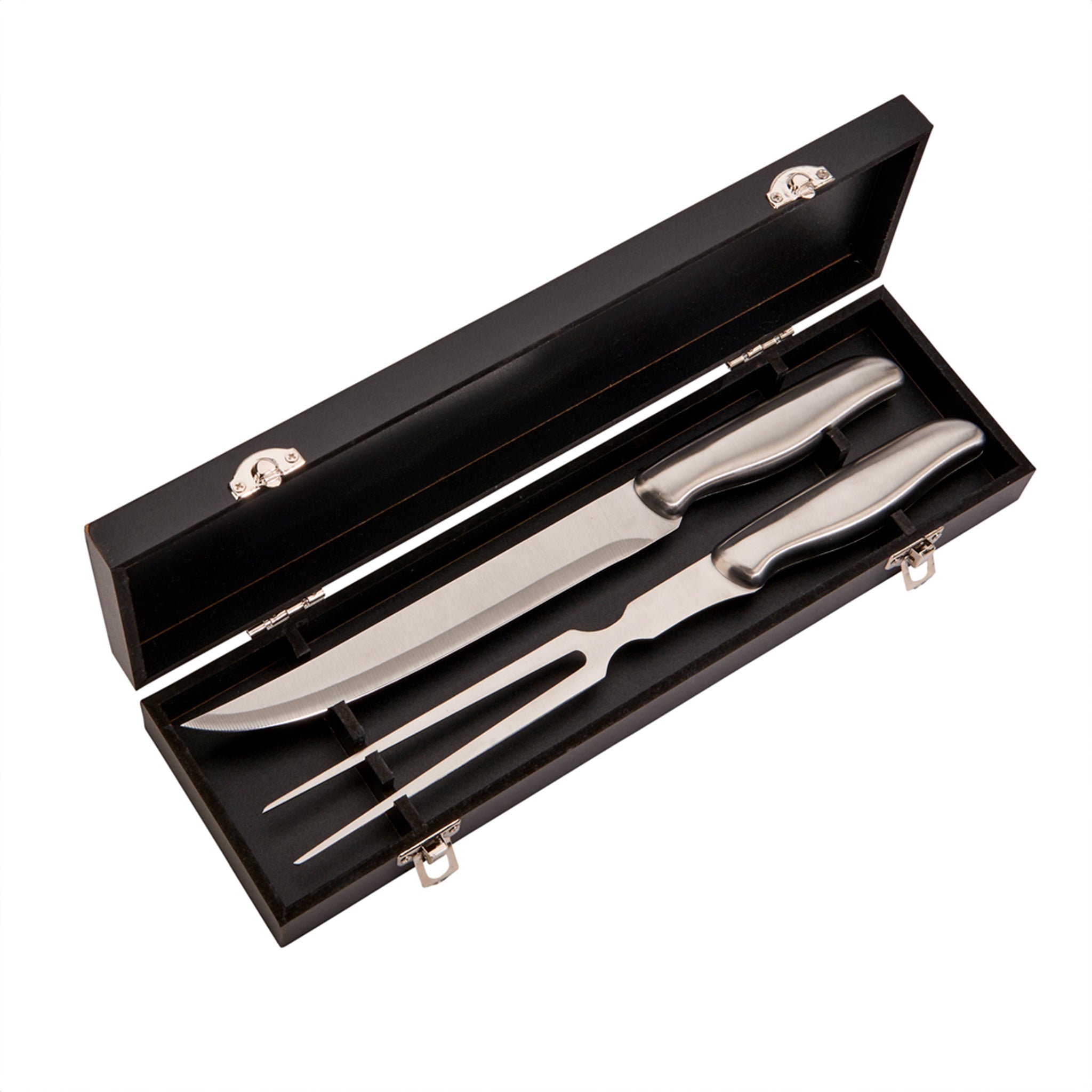 A 2 Piece Stainless Steel Carving Set featuring a knife and fork with smooth handles, presented in a black gift box with silver accents.