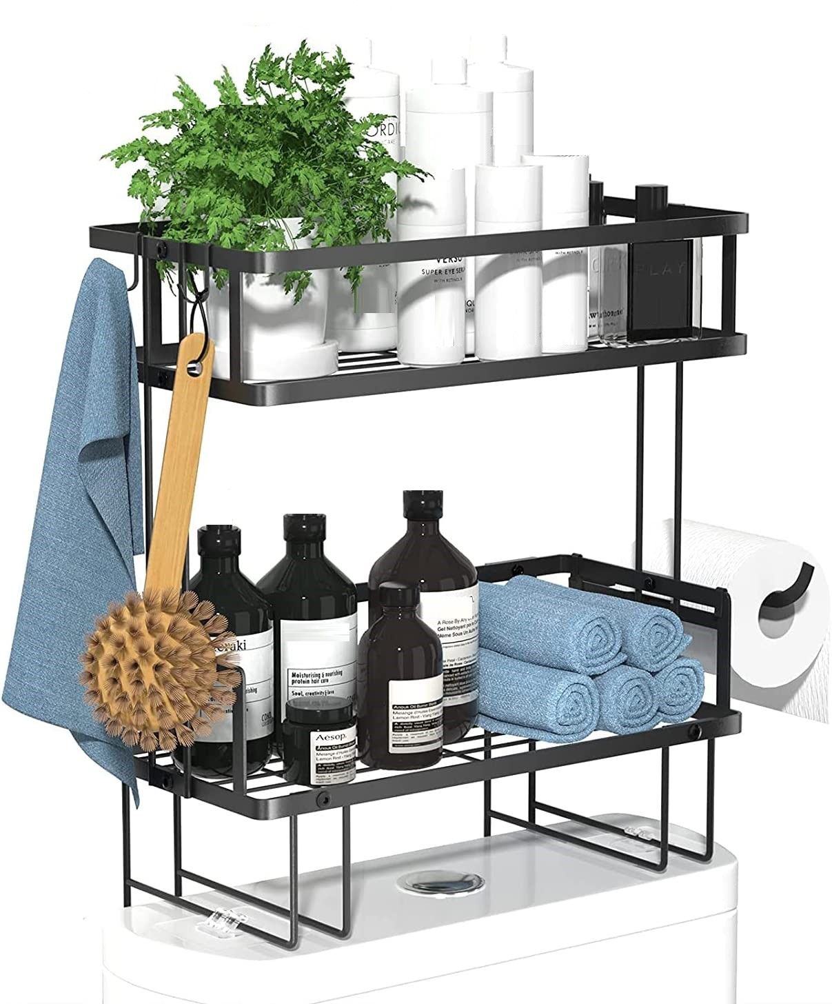 2 Tier Freestanding Bathroom Storage Organizer with adhesive base and hooks, designed for efficient bathroom organization.