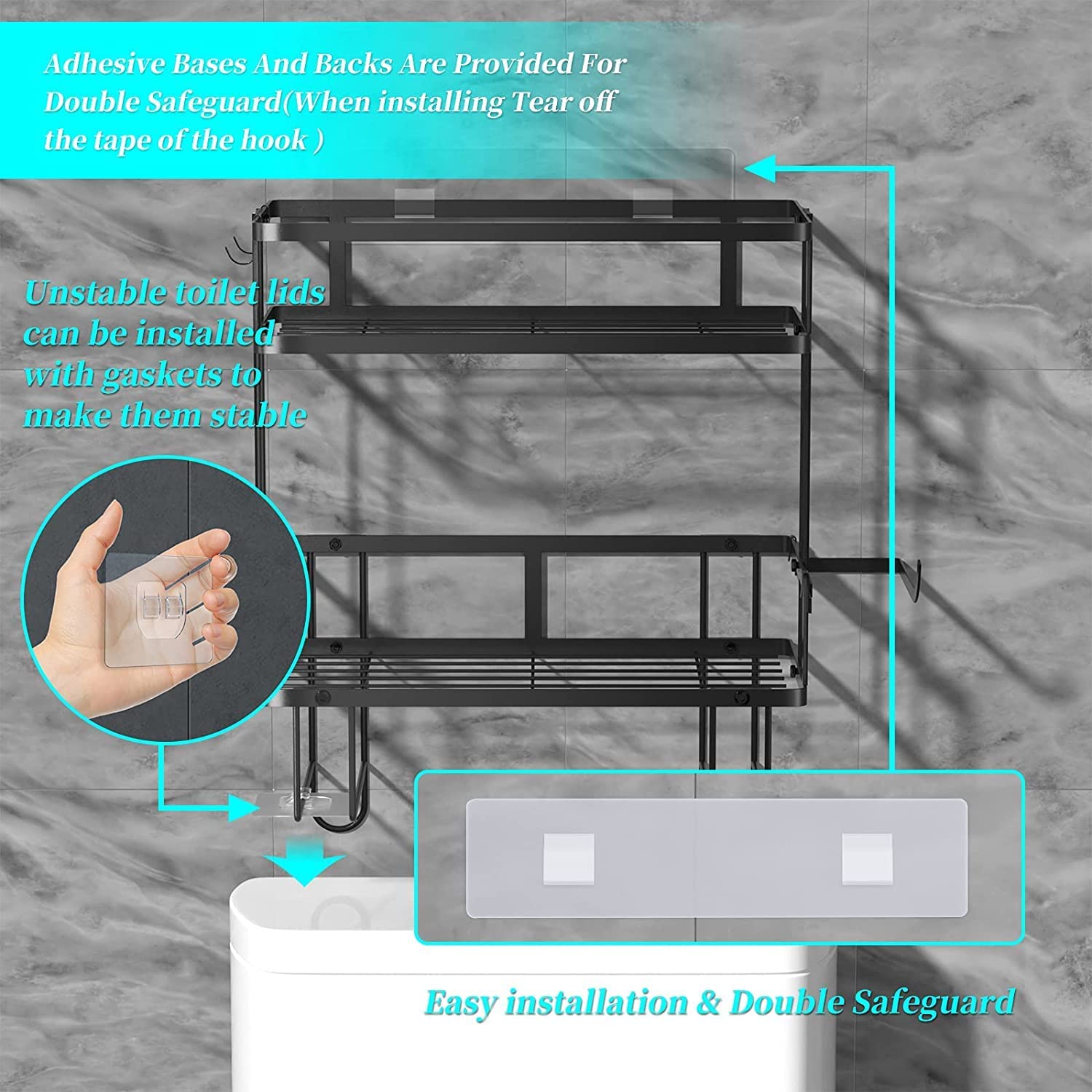 2 Tier Freestanding Bathroom Storage Organizer with adhesive base and hooks, designed for efficient bathroom organization.