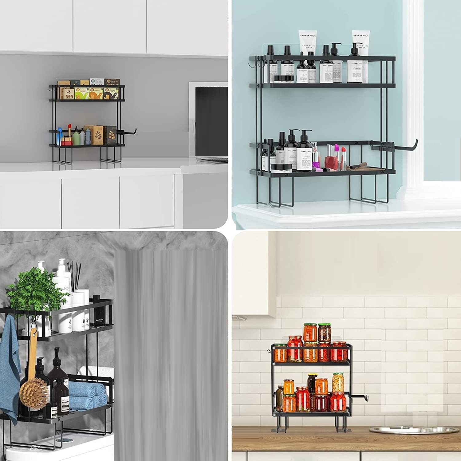 2 Tier Freestanding Bathroom Storage Organizer with adhesive base and hooks, designed for efficient bathroom organization.