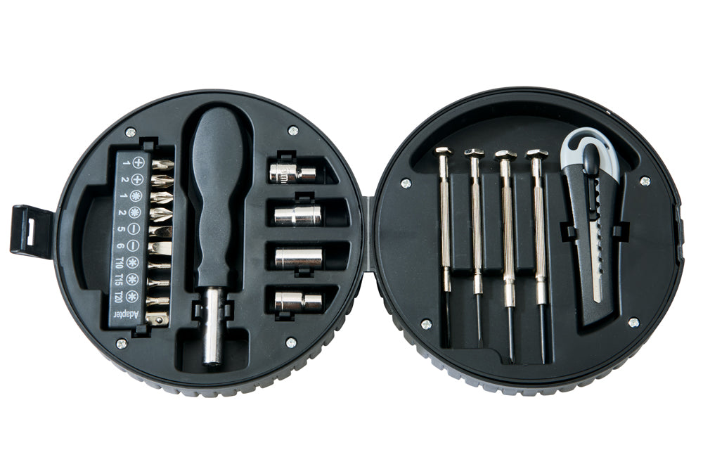 20 Piece Tool Set shaped like a tire, includes screwdrivers, bits, sockets, and a knife, packaged in a gift box.