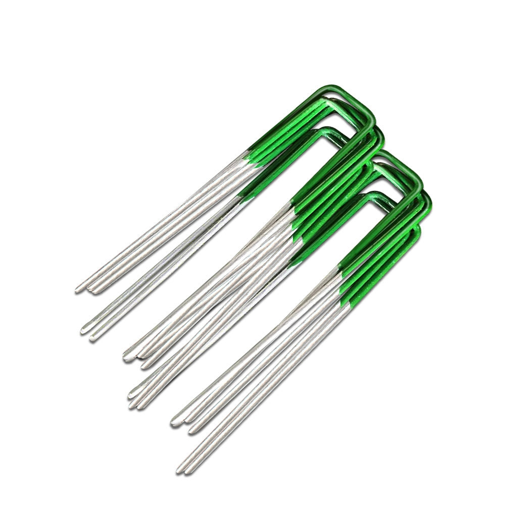 A pack of 200 synthetic grass pins made from galvanized steel, designed for securing artificial turf and other materials.