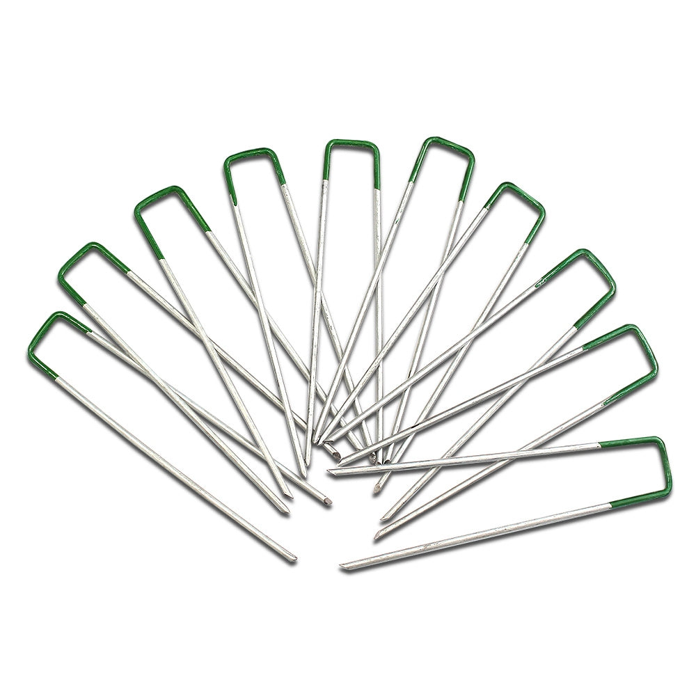 A pack of 200 synthetic grass pins made from galvanized steel, designed for securing artificial turf and other materials.