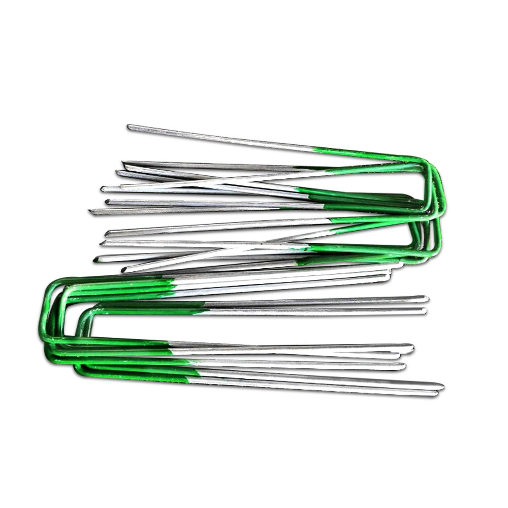 A pack of 200 synthetic grass pins made from galvanized steel, designed for securing artificial turf and other materials.