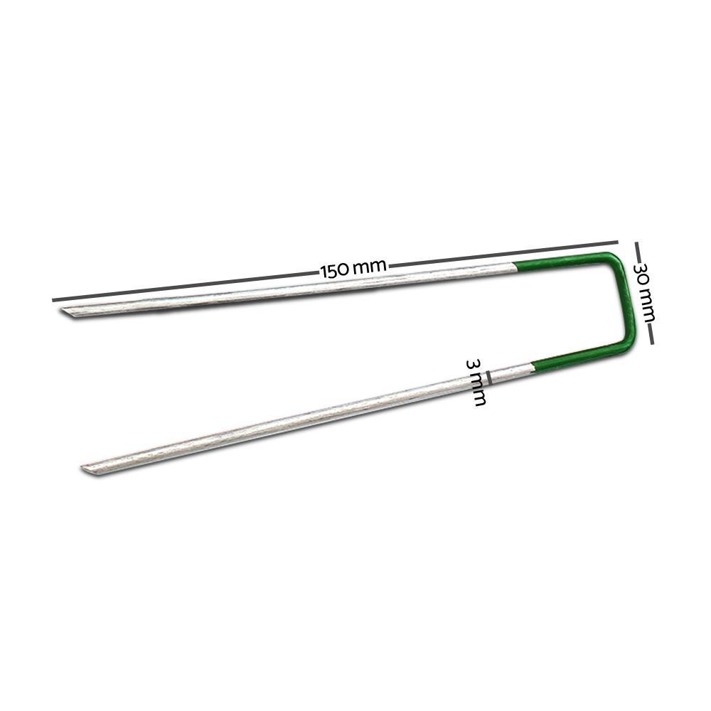 A pack of 200 synthetic grass pins made from galvanized steel, designed for securing artificial turf and versatile outdoor use.