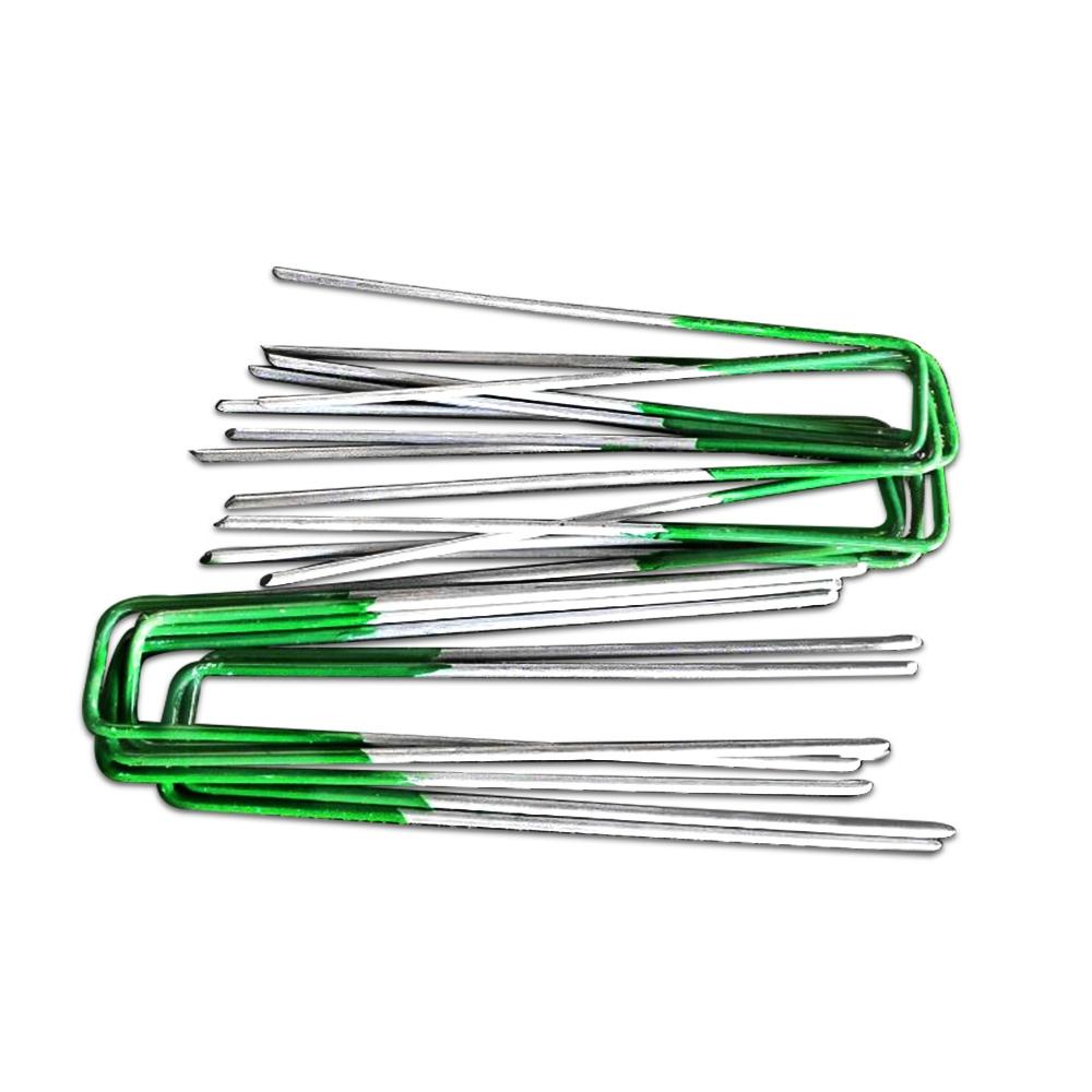 A pack of 200 synthetic grass pins made from galvanized steel, designed for securing artificial turf and versatile outdoor use.