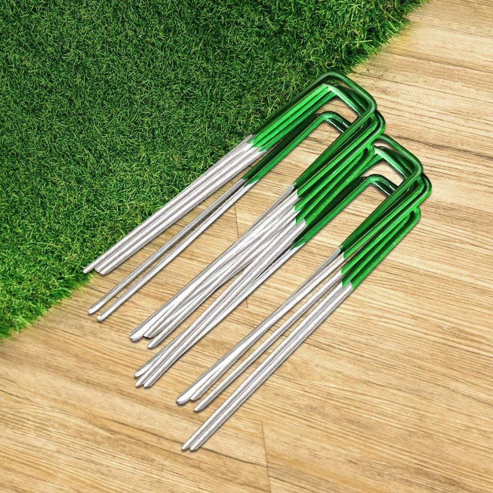 A pack of 200 synthetic grass pins made from galvanized steel, designed for securing artificial turf and versatile outdoor use.