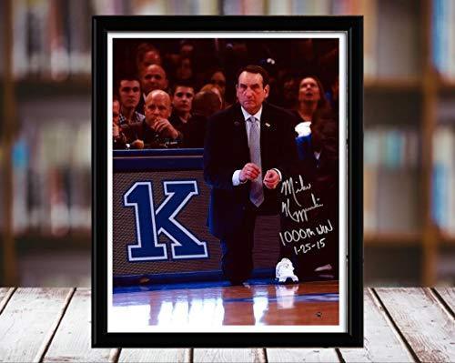 Framed 2015 Coach K 1000 Win Autograph Replica Print in black metal frame, showcasing Coach K's achievement.