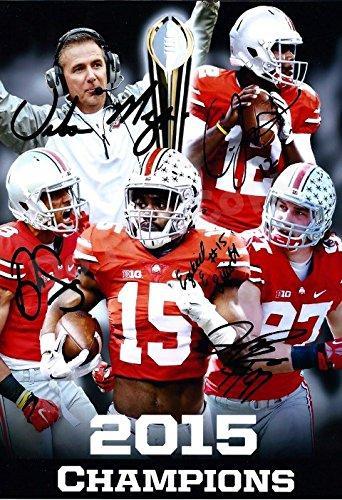 2015 Ohio State National Championship print featuring Coach Meyer, framed in black, showcasing vibrant colors and printed signature.