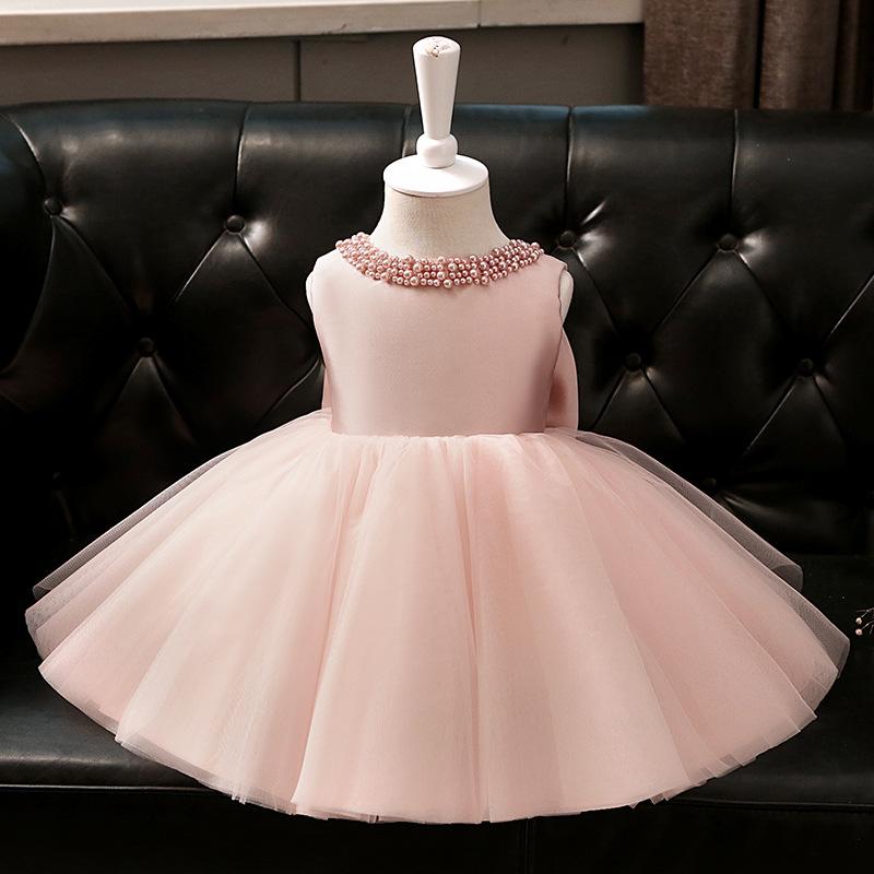 2019 Cute Pink Beaded Blue Girls Pageant Dress featuring a big bow, elegant design, and high-quality fabric, perfect for special occasions.