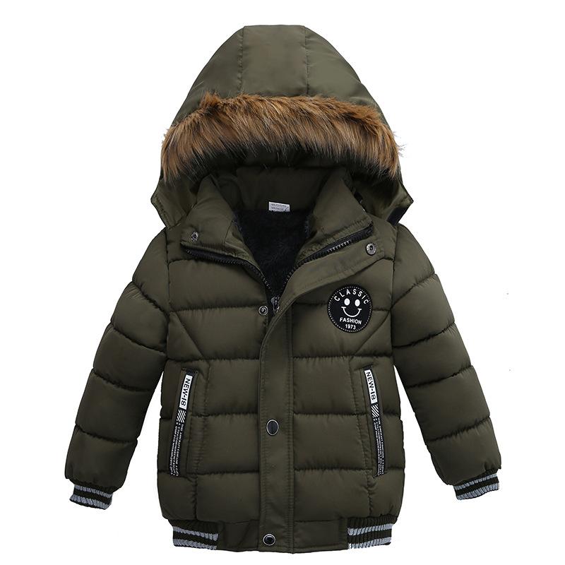 2019 Fashion Autumn Winter Jacket for Boys, featuring a hood, pockets, and available in multiple colors.