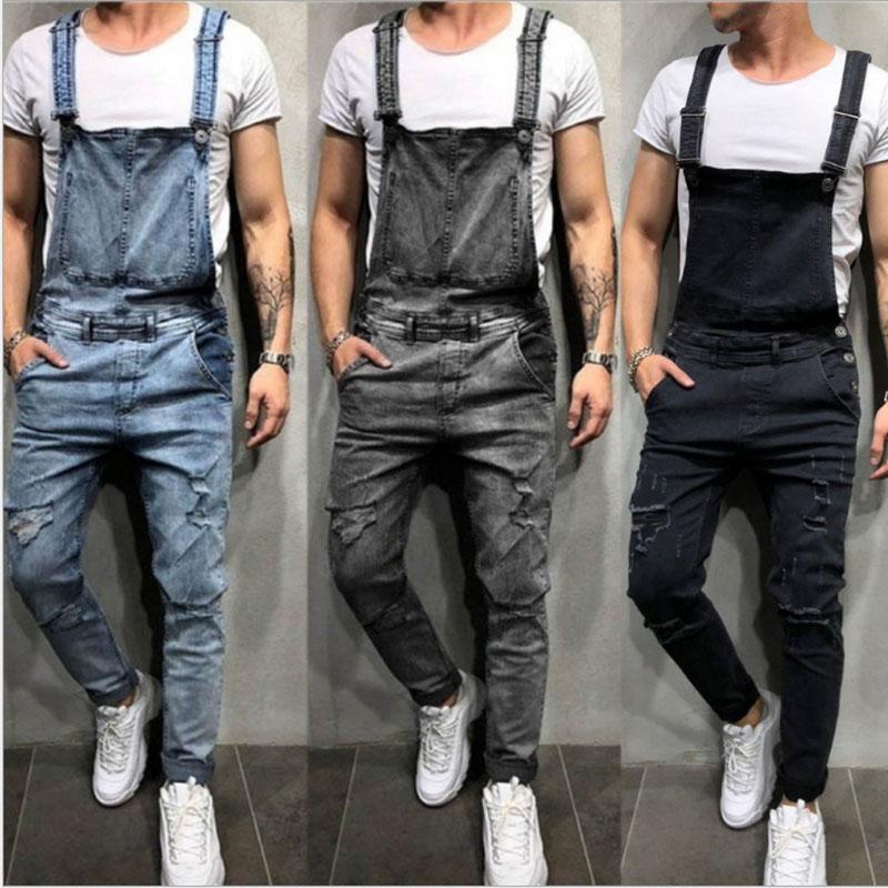 2019 Fashion Men's Ripped Jeans Jumpsuits featuring distressed denim design and zipper fly closure, perfect for casual street style.