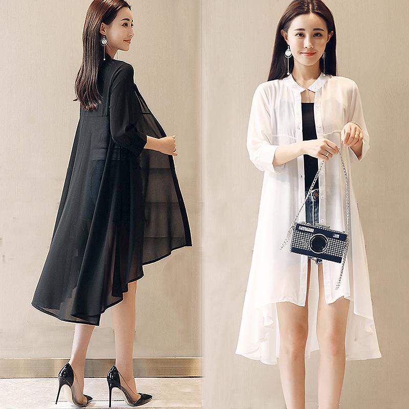 2019 Summer Chiffon Blouse for women featuring a stand collar and loose fit, available in white and black colors.