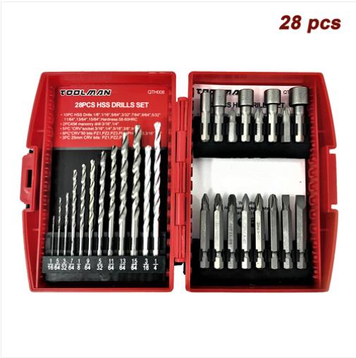 TOOLMAN 28pcs Multi HSS Purpose Drill Bit Set displayed with various drill bits and sockets in a bag.