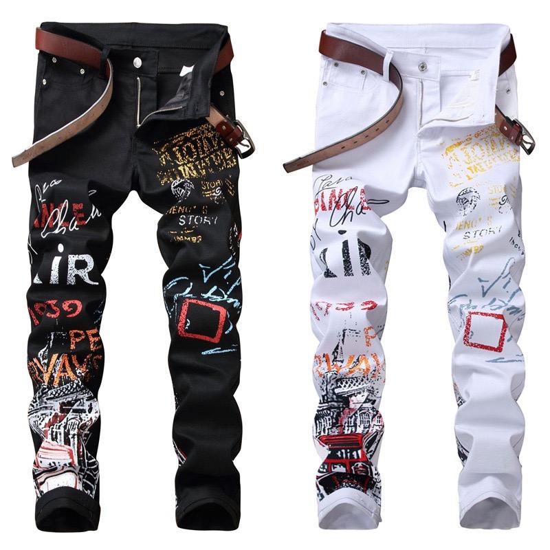 Men's black tights and white jeans with printed designs, showcasing a modern and stylish look for autumn and winter.