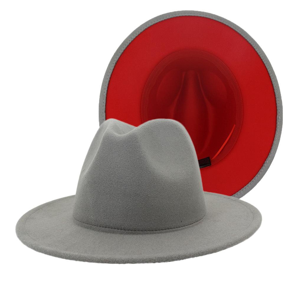 2020 Fashion Grey Red Patchwork Felt Hat with wide brim, suitable for men and women, featuring an adjustable strap and stylish design.