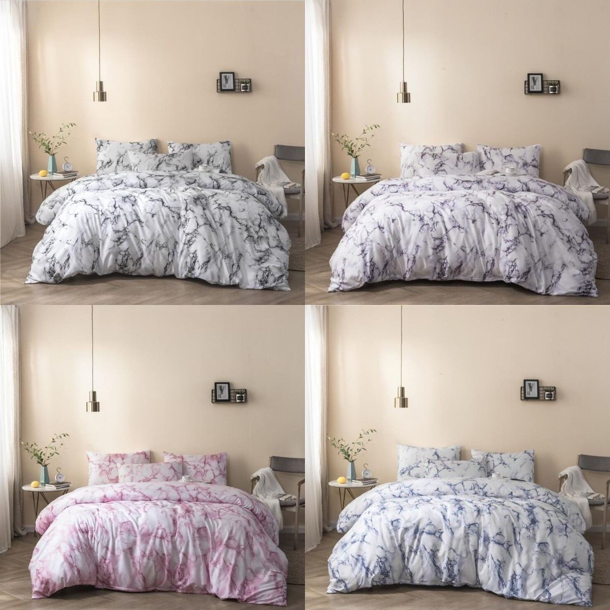 2020 Marble Pattern Bedding Set featuring a stylish duvet cover and matching pillowcases, perfect for modern bedroom decor.