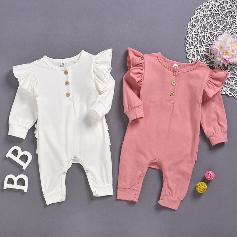 2020 New Baby Romper in solid color, made of 100% cotton, featuring long sleeves and an O-neck collar, suitable for infants.