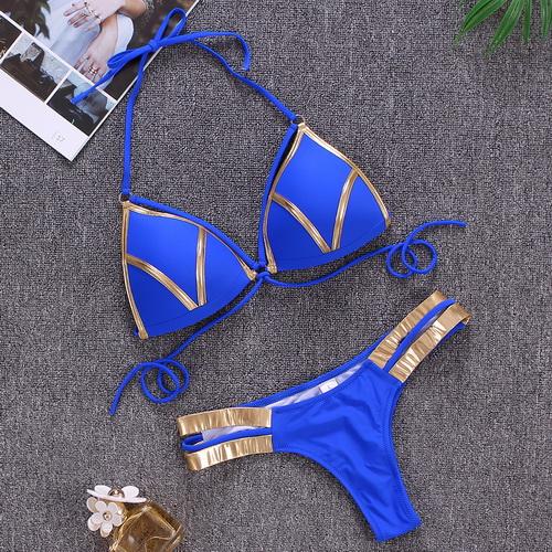 2020 New Bikini Gold-stamped Sexy Swimming Suit displayed on a mannequin, showcasing its stylish design and vibrant colors.