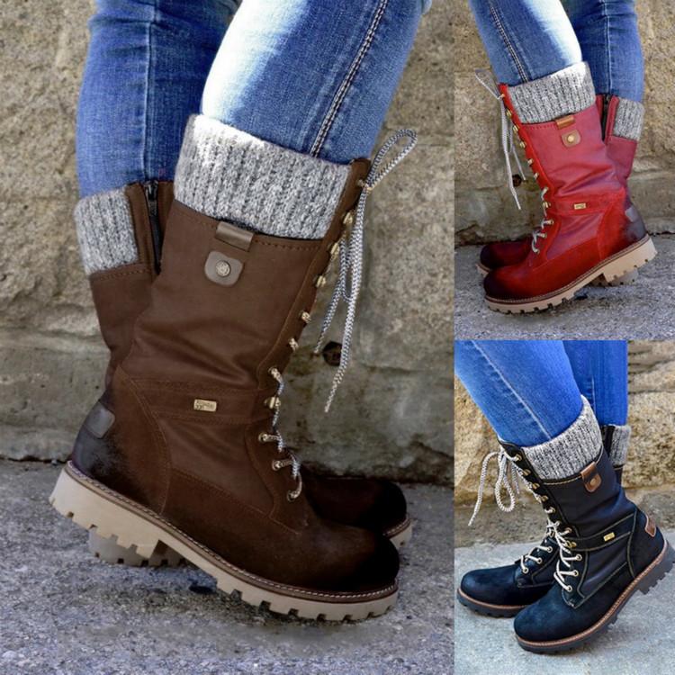 2020 winter shoes for women, mid-calf boots with round toe and zip closure, made from PU leather.