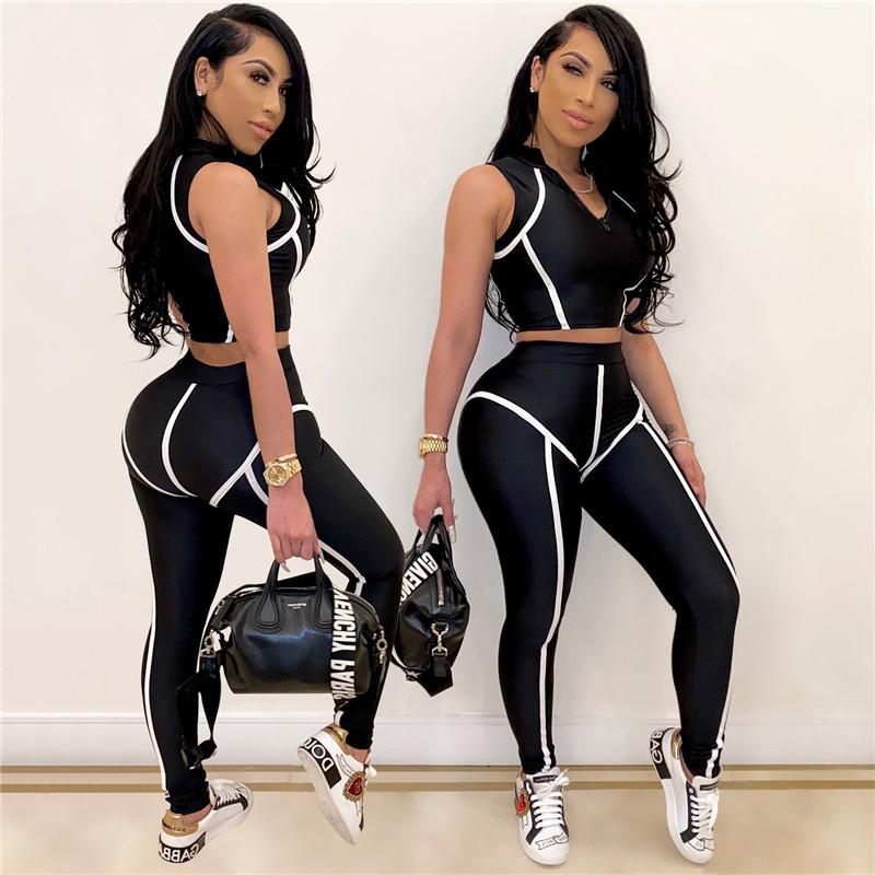 2020 Women Fitness 2 Piece Set featuring a sleeveless crop top and high-waisted leggings in various colors, perfect for summer workouts.