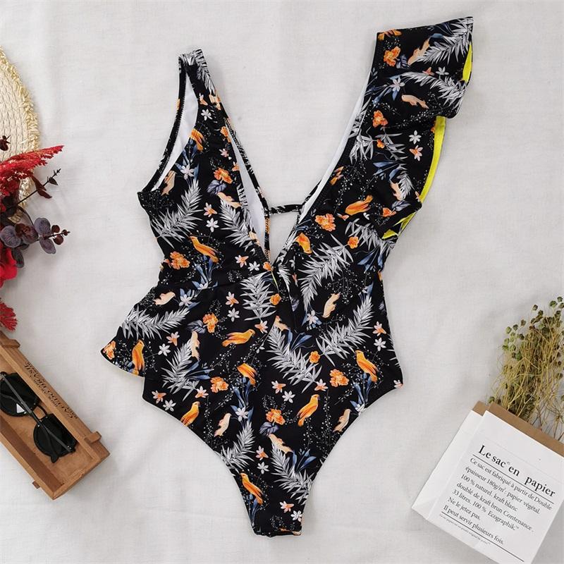 2021 Newest Sexy Ruffle Print Floral One Piece Swimsuit featuring a vibrant floral pattern and high waist design.