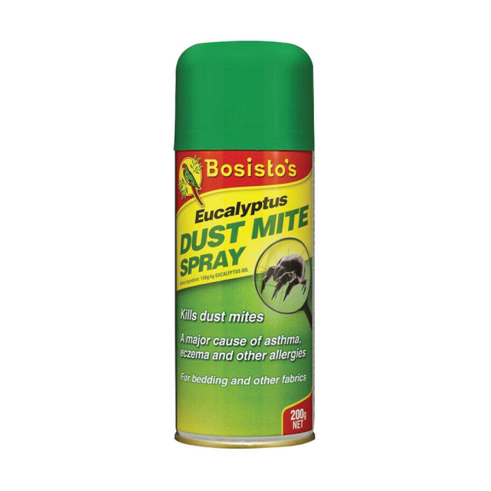 Bosisto's Eucalyptus Dust Mite Spray bottle with eucalyptus leaves in the background, showcasing its natural ingredients.