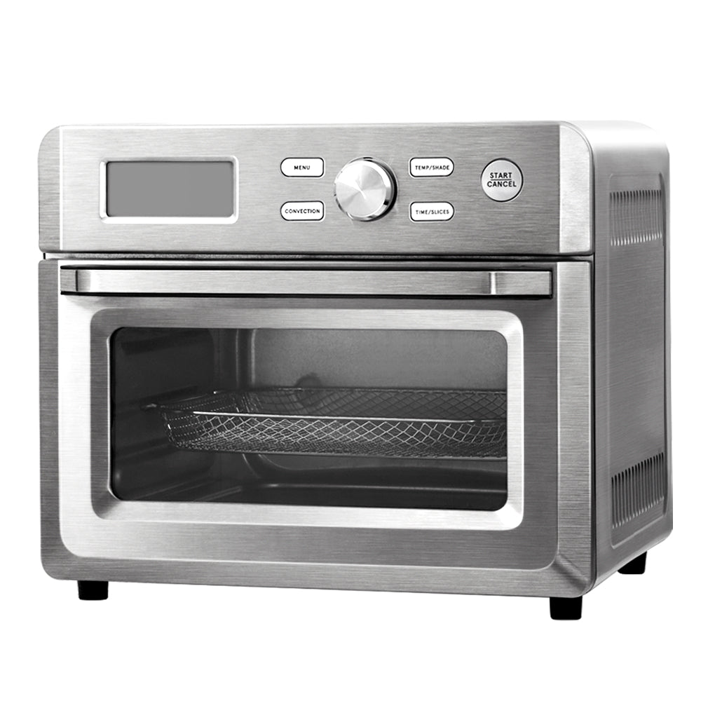 20L Air Fryer Convection Oven with LCD display and stainless steel finish, showcasing its large capacity and accessories.