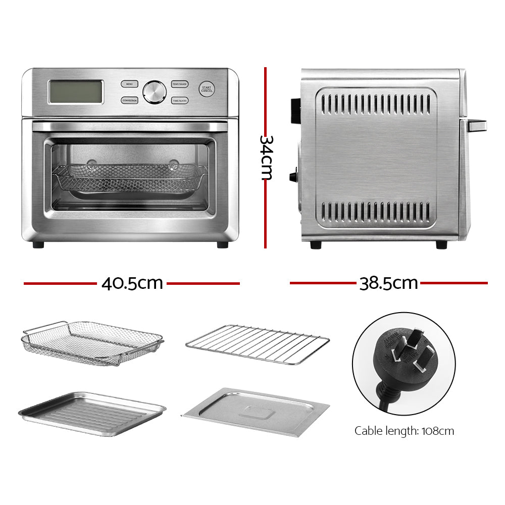 20L Air Fryer Convection Oven with LCD display and stainless steel finish, showcasing its large capacity and accessories.