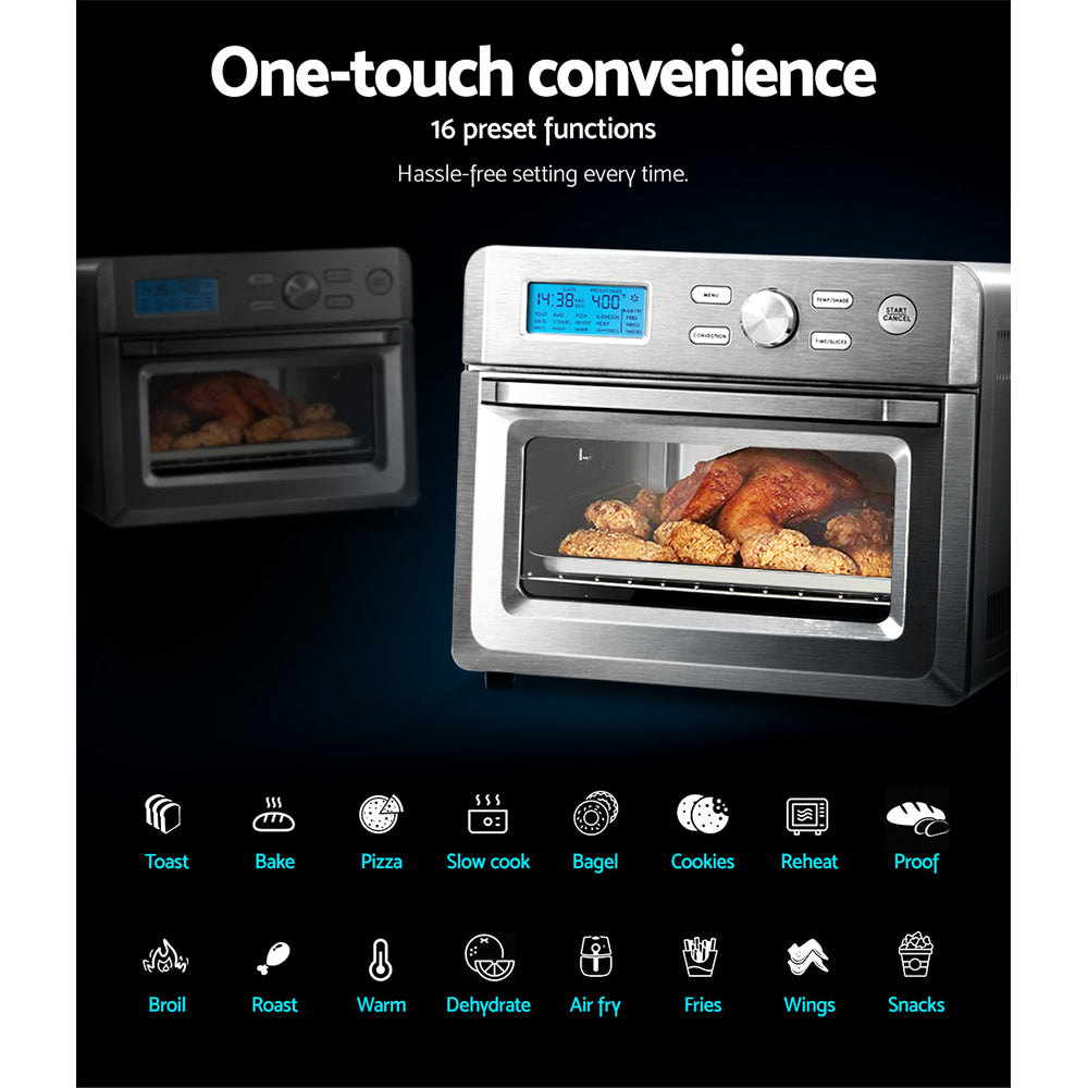 20L Air Fryer Convection Oven with LCD display and stainless steel finish, showcasing its large capacity and accessories.