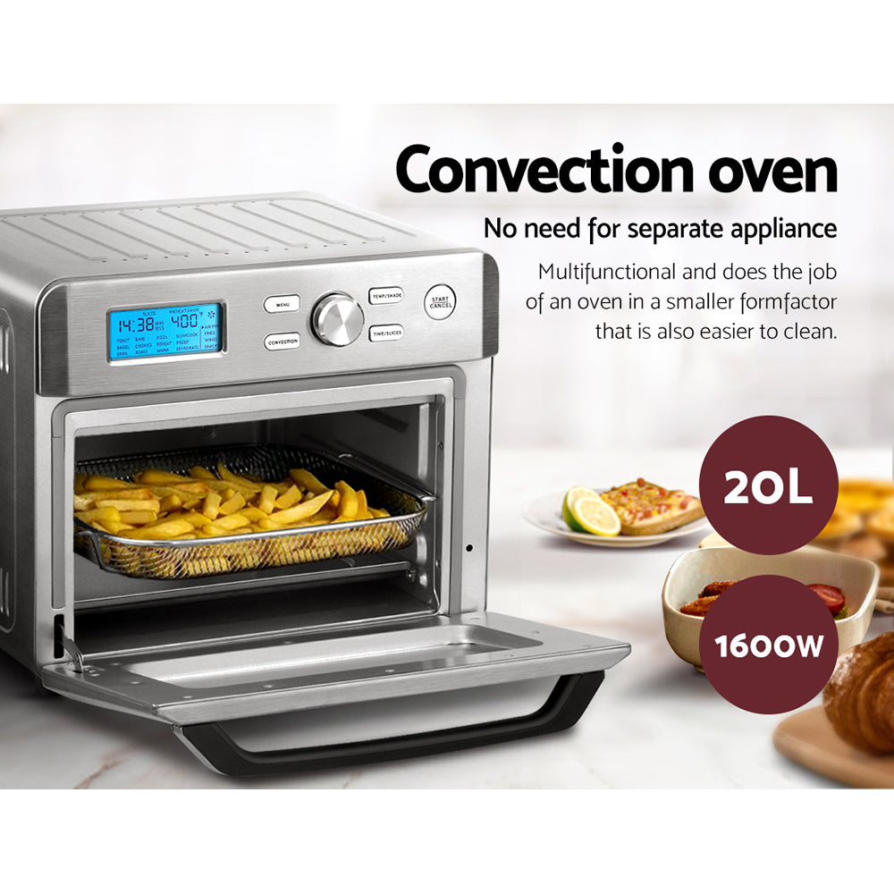 20L Air Fryer Convection Oven with LCD display and stainless steel finish, showcasing its large capacity and accessories.