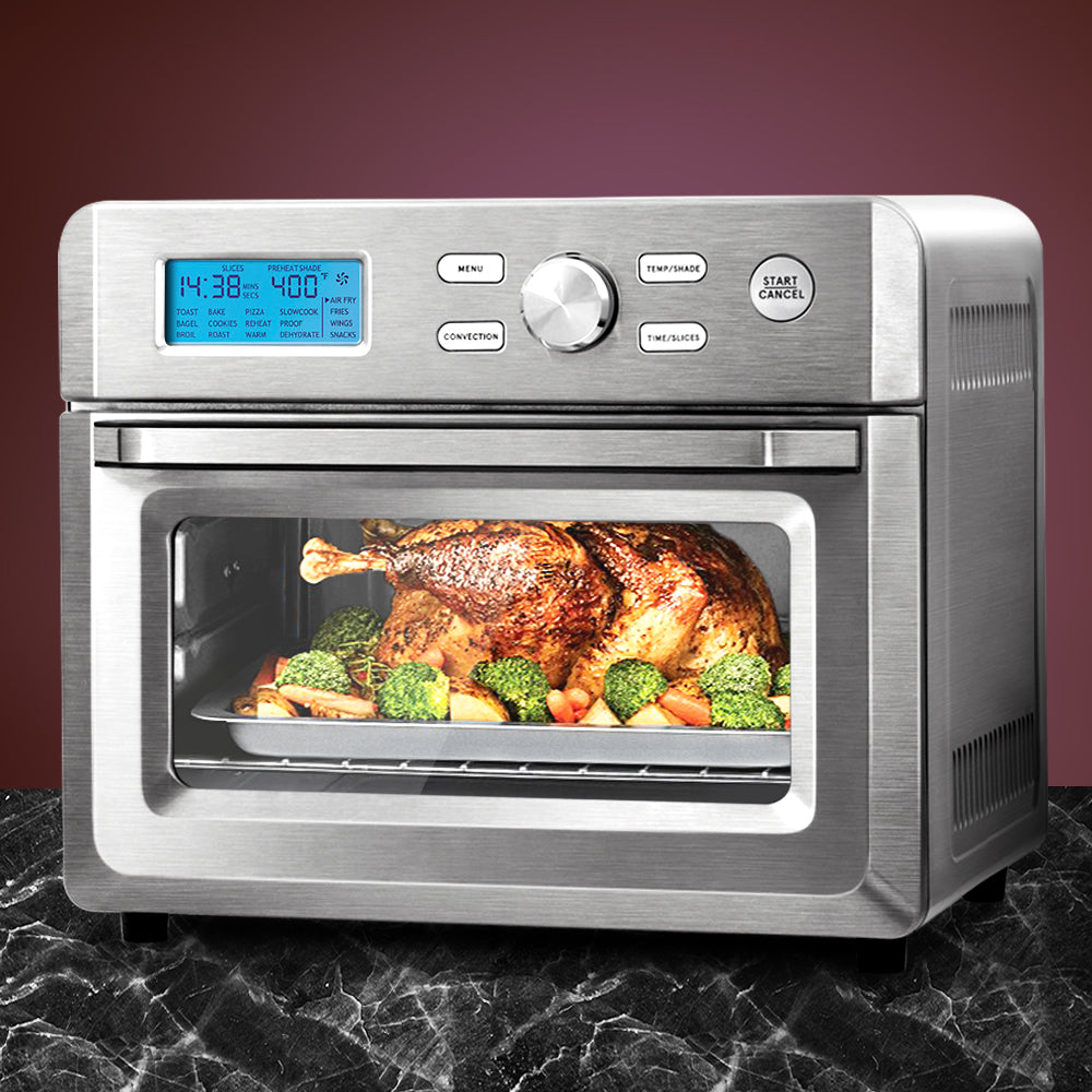 20L Air Fryer Convection Oven with LCD display and stainless steel finish, showcasing its large capacity and accessories.