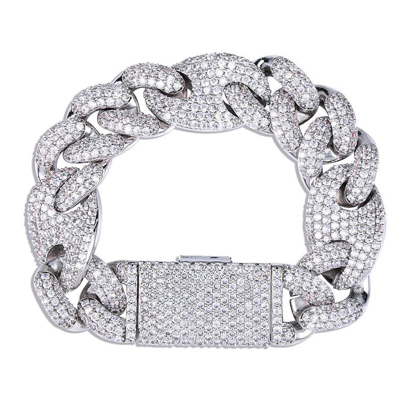 20mm Lock Clasp Link Bracelet with iced out zircon stones, showcasing a stylish hip hop design suitable for unisex wear.