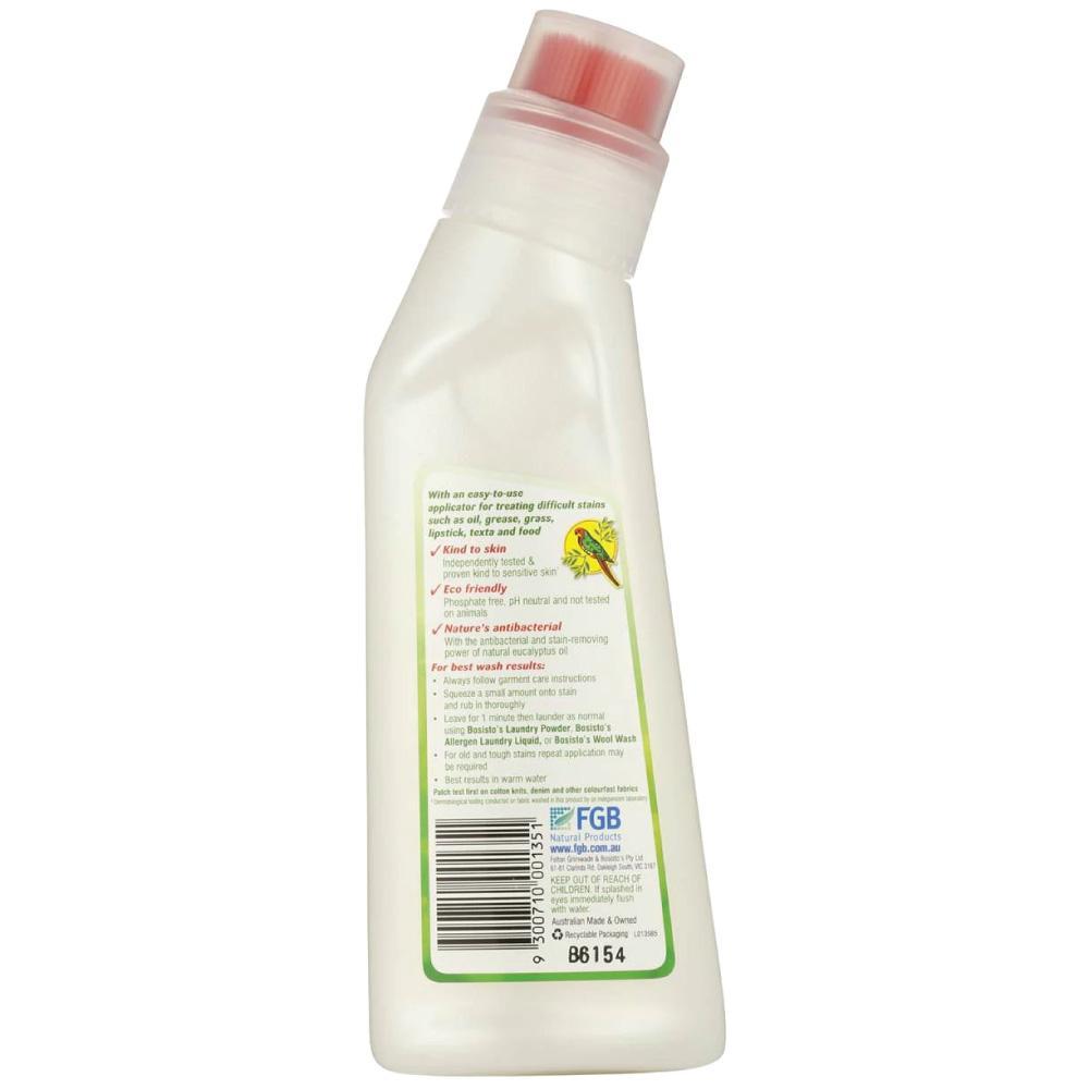 Bosisto's 200ml Pre-Wash Stain Remover bottle with eucalyptus oil, featuring an easy-to-use applicator for stain treatment.